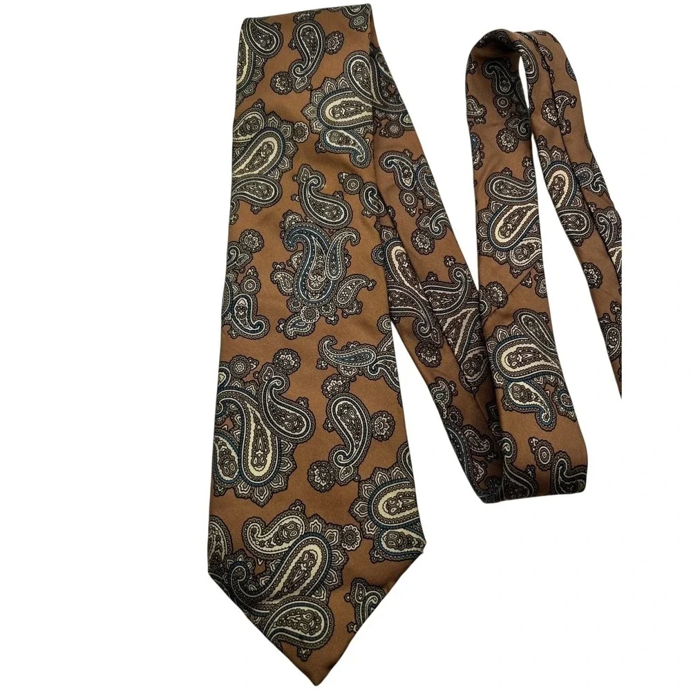 Vintage Hardy Amies 100% Silk Tie Necktie Brown Black‎ Blue Paisley Pattern